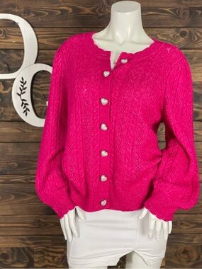 CeCe | Hot Pink Pearl Heart-Button Marled Braided Cable Knit Knit Cardigan